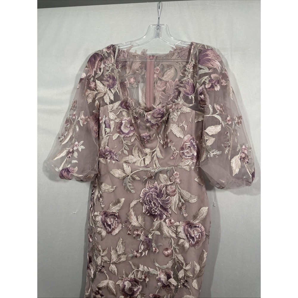 NEW $795 Marchesa Notte [ 6 ] Embroidered Puff Sleeve Midi Dress Rose Pink J2151 - Picture 9 of 15